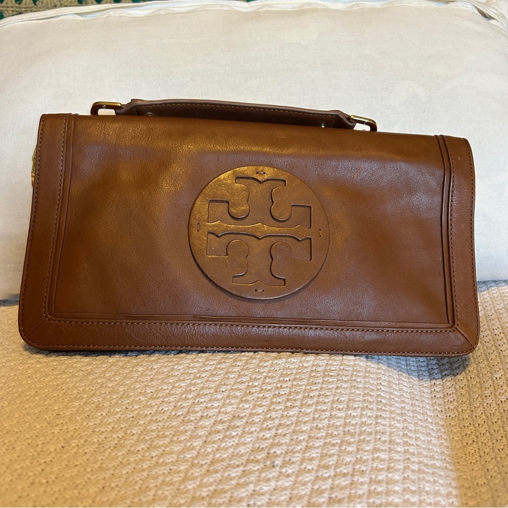 TORY BURCH Reva Brown Leather Shoulder/Hand/Clutch Bag with Gold Accents - Picture 2 of 14